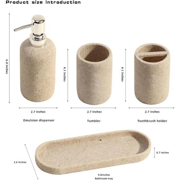 Bathroom Accessories Set 4 Pieces Soap Dispenser Toothbrush Holder Vanity Tray - Picture 3 of 7